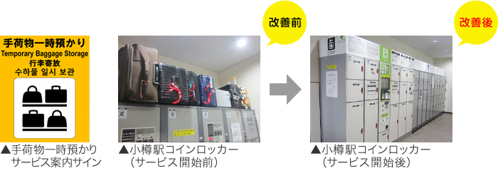 手荷物一時預かりサービス案内サイン、小樽駅コインロッカー改善前、改善後