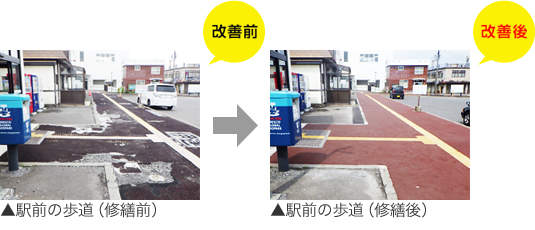 駅前の歩道（修繕前）、駅前の歩道（修繕後）