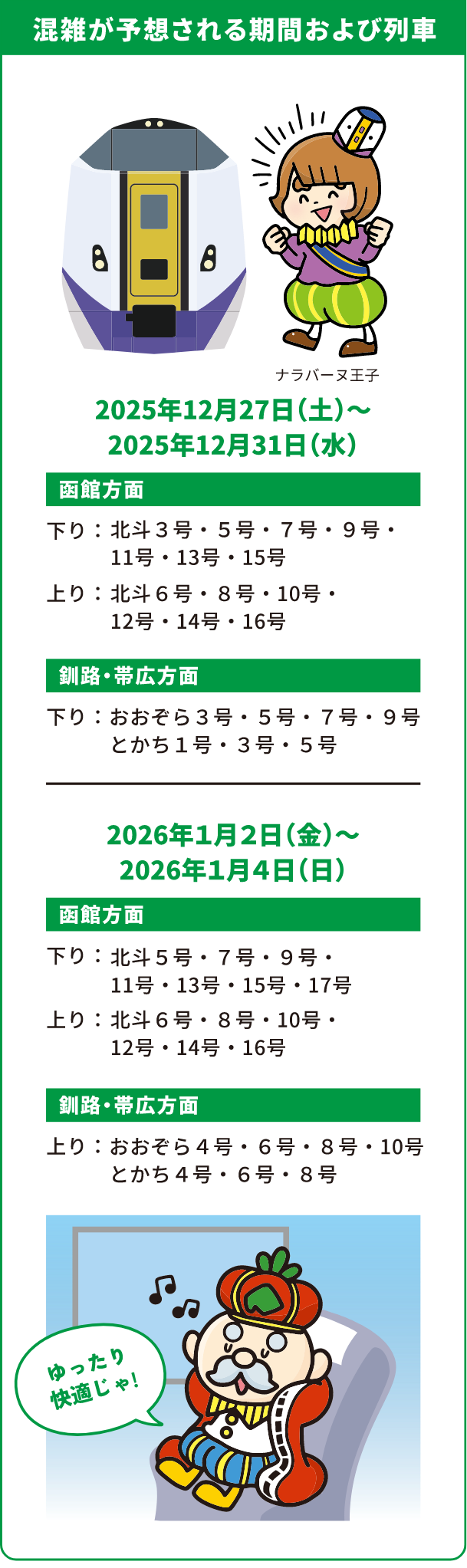 混雑が予想される期間および列車 2025年12月27日（土）～2025年12月31日（水）函館方面 下り：北斗３号・５号・７号・９号・11号・13号・15号 上り：北斗６号・８号・10号・12号・14号・16号  釧路・帯広方面 下り：おおぞら３号・５号・７号・９号、とかち１号・３号・５号 2026年１月２日（金）～2026年１月４日（日）函館方面 下り：北斗５号・７号・９号・11号・13号・15号・17号 上り：北斗６号・８号・10号・12号・14号・16号 釧路・帯広方面 上り：おおぞら４号・６号・８号・10号、とかち４号・６号・８号