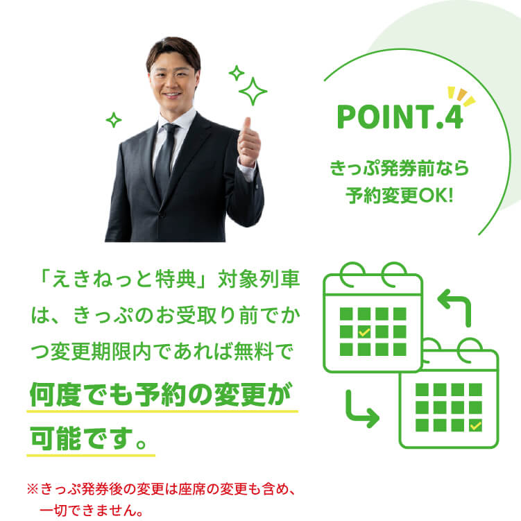 ポイント.4 きっぷ発券前なら予約変更OK!「えきねっと特典」対象列車は、きっぷのお受取り前でかつ変更期限内であれば無料で何度でも予約の変更が可能です。