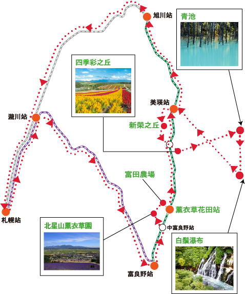 帰りはゆったり直通列車！富良野・美瑛満喫コース地図