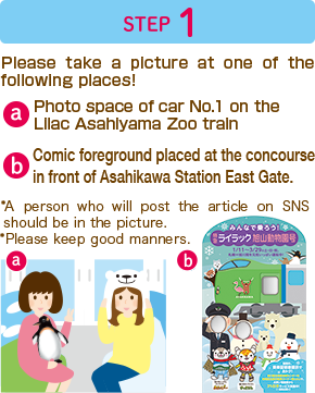 Step 1 Please take a picture at one of the following places!　a Photo space of car No.1 on the Lilac Asahiyama Zoo train　b Comic foreground placed in the Asahikawa Tourism and Local Products Information Center　*A person who will post the article on SNS should be in the picture.　*Please keep good manners.