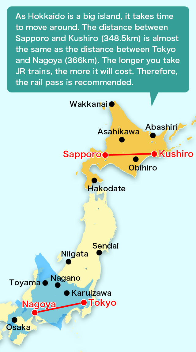 As Hokkaido is a big island, it takes time to move around. The distance between Sapporo and Kushiro (348.5km) is almost the same as the distance between Tokyo and Nagoya (366km). The longer you take JR trains, the more it will cost. Therefore, the rail pass is recommended.