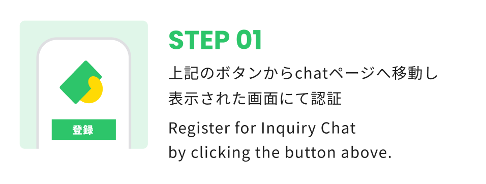 STEP 01 上記ボタンからchatページへ移動し表示された画面にて認証 Register for Inquiry Chat by clicking the button above.