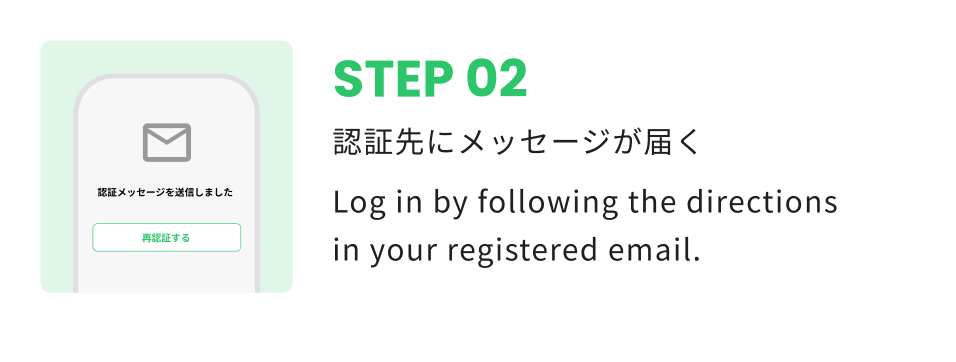 STEP 02 認証先にメッセージが届く Log in by following the directions in your registered email.