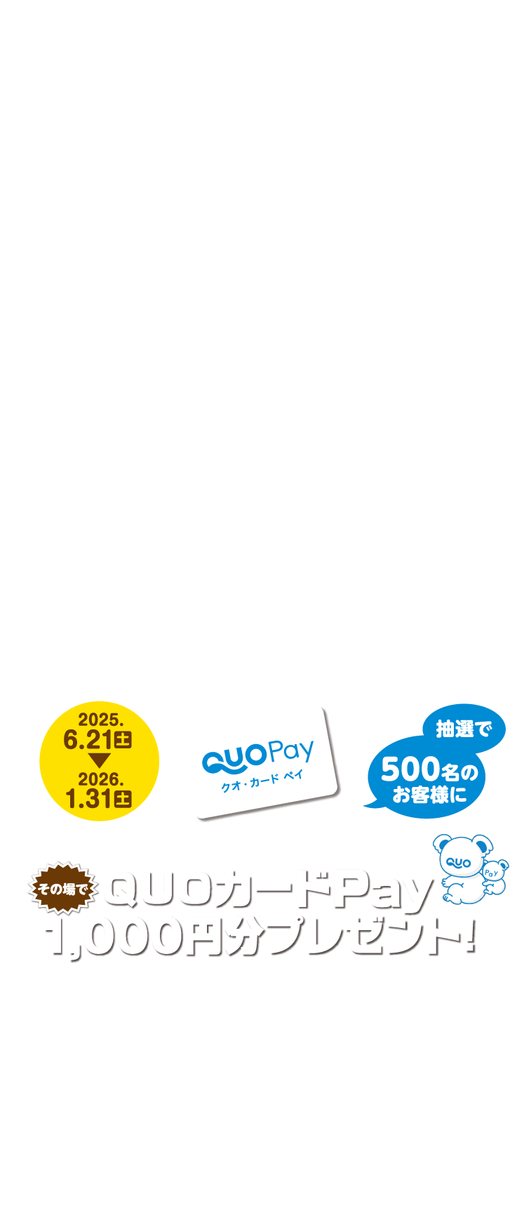 アンケートにご回答いただいた中から抽選で500名のお客様に、その場でQUOカードPay1,000円分プレゼント！※QUOカードPayとは、お店でお支払いの際にスマートフォン画面に表示することでご利用いただけるデジタルギフトです[専用アプリ不要]。