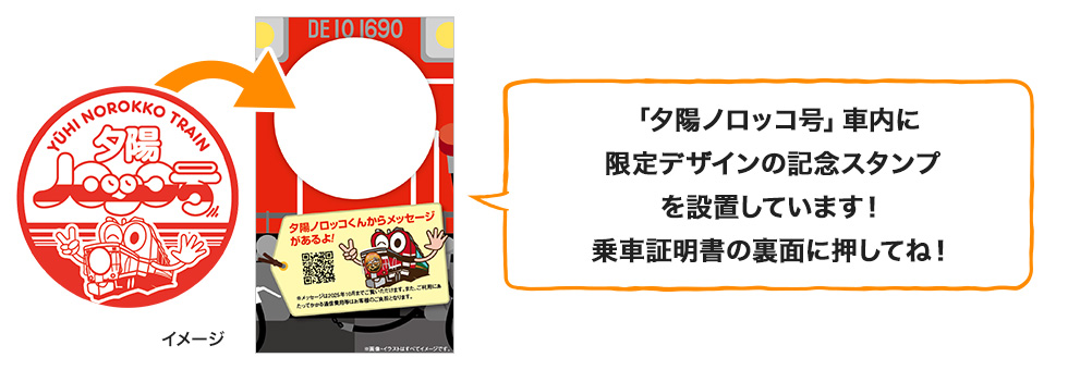 「夕陽ノロッコ号」車内に限定デザインの記念スタンプを設置しています！乗車証明書の裏面に押してね！