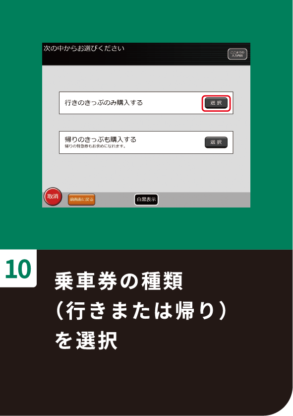 10 乗車券の種類（行きまたは帰り）を選択